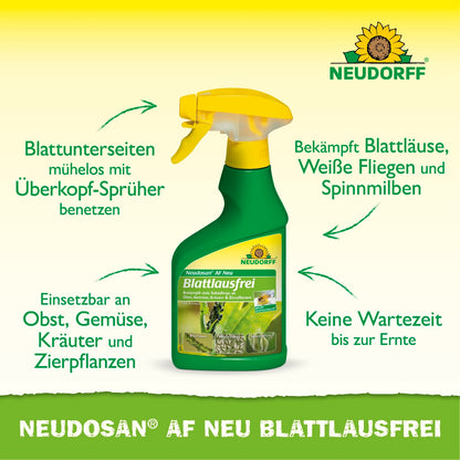 Neudosan AF Neu Blattlausfrei 
Bekämpft Blattläuse, Weiße Fliegen und Spinnenmilben
Keine Wartezeit bis zur Ernte
Einsetzbar an Obst, Gemüse, Kräuter und Zierpflanzen
Blatt Unterseiten mühelos mit dem Überkopf-Sprüher benetzen