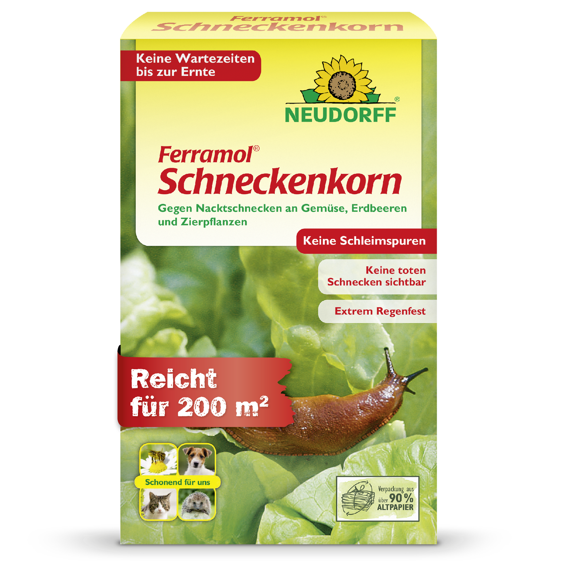 Neudorff Ferramol Schneckenkorn gegen Nacktschnecken für bis zu 200 m² an Gemüse, Erdbeeren und Zierpflanzen für eine sofortige Ernte nach der Anwendung, hoher Regenfestigkeit und sauberer Wirkung ohne Schleimspuren und sichtbar tote Tiere
