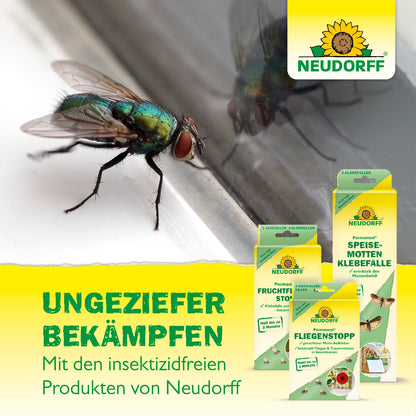 Bild einer Fliege und Produktempfehlungen aus dem Hause Neudorff wie Fruchtfliegenstopp, Fliegenstopp oder Speisemottenklebefalle um Ungeziefer zu bekämpfen