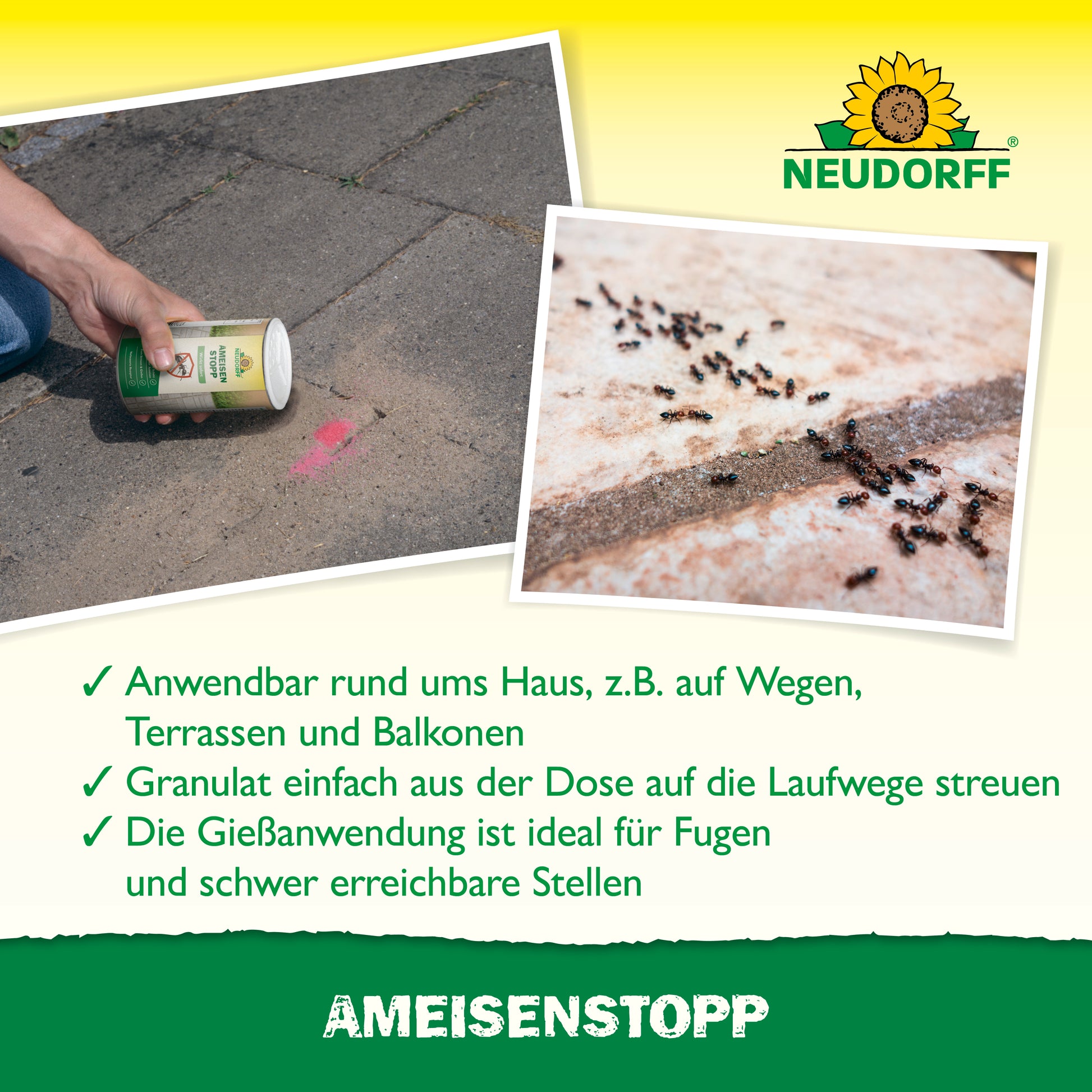 Das Granulat AmeisenStopp von Neudorff einfach auf die Gehwege streuen und Ameisen schnell vertreiben