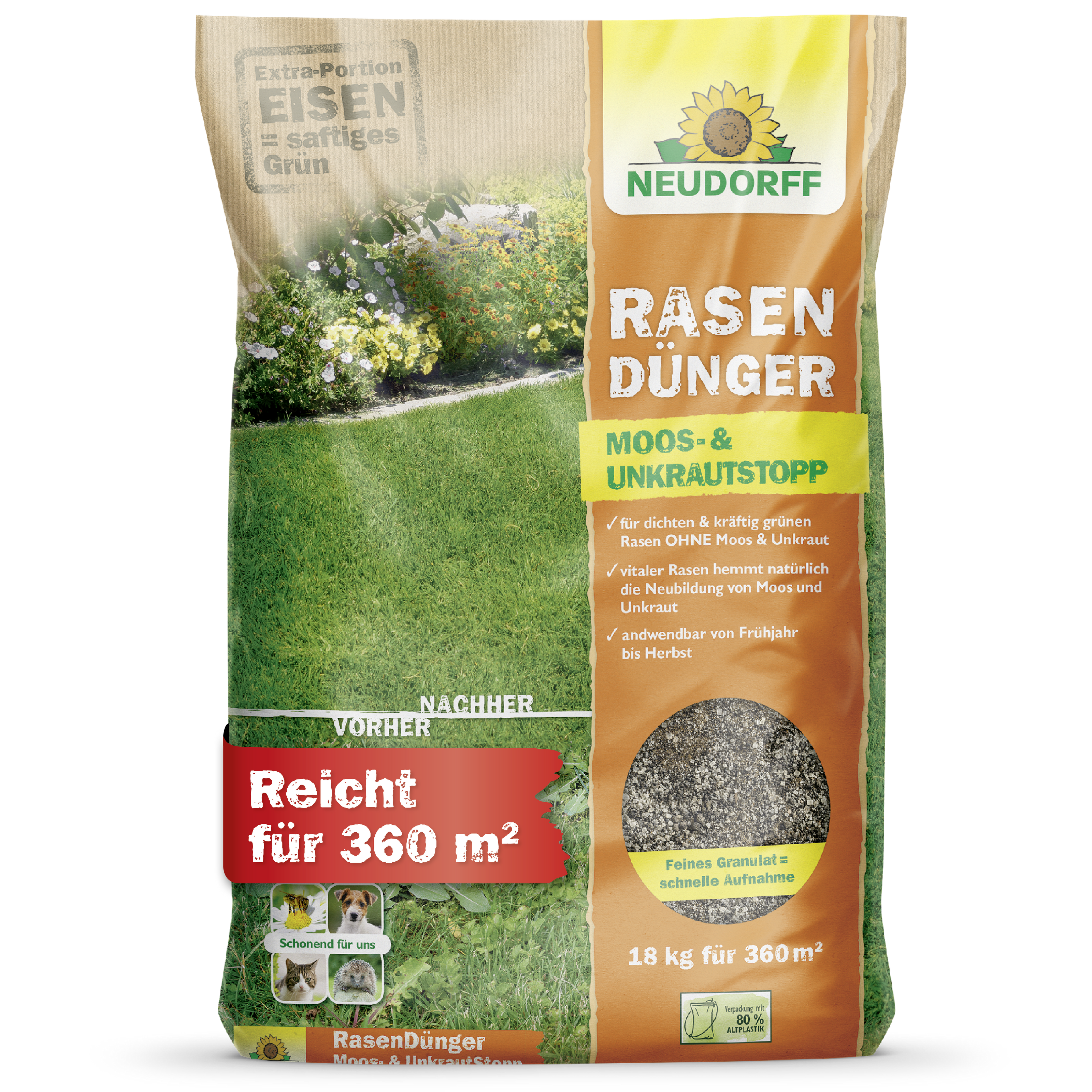 Neudorff Rasendünger Moos- und Unkrautstoff für einen dichten, kräftig grünen Rasen ohne Moos und Unkraut