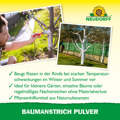 Neudorff Baumanstrich Pulver beugt Rissen in der Rinde bei starken Temperaturschwankungen im Winter und Sommer vor