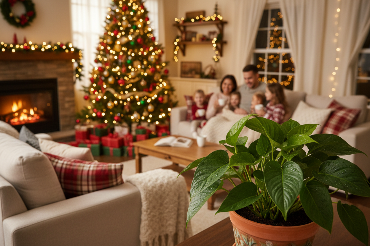 Eine Zimmerpflanze, im Hintergrund sieht man eine weihnachtliche Stimmung (ggf. Tannenbaum oder Familie eingekuschelt auf dem Sofa).